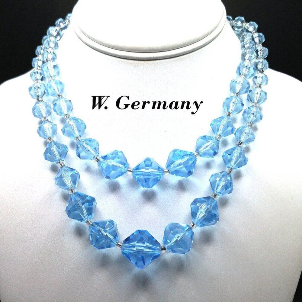 Vintage W Germany Blue Lucite Necklace 2 Strand Faceted Beads 1950s